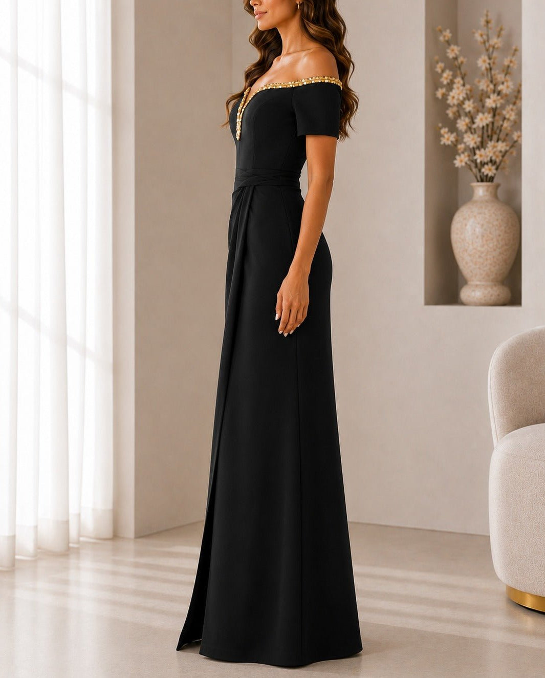 Ladies Black New Feeling Embellished Off Shoulder Maxi Dress - StylePhase SA