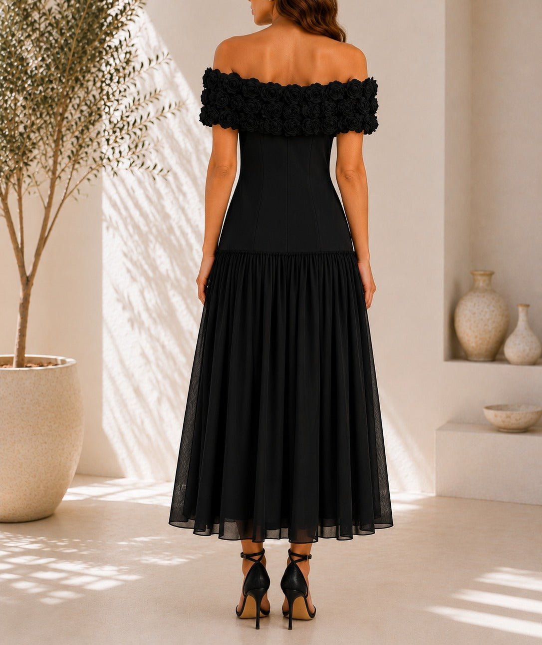 Ladies Black Off Shoulder 3D Fabric Rose Dress - StylePhase SA