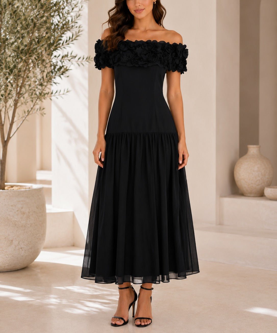 Ladies Black Off Shoulder 3D Fabric Rose Dress - StylePhase SA