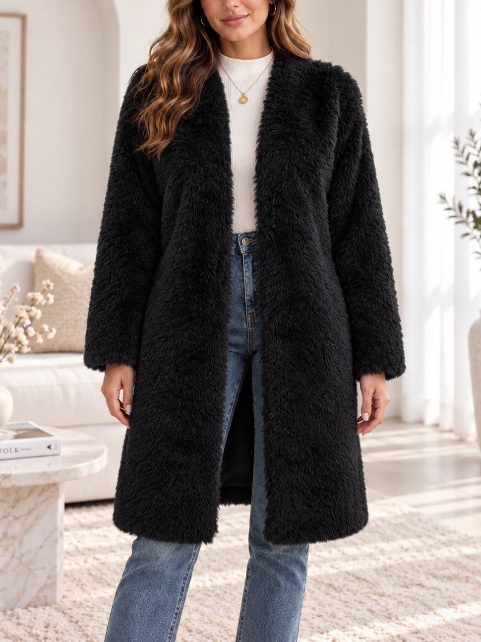 Ladies Black Open-Front Faux Fur Coat - StylePhase SA