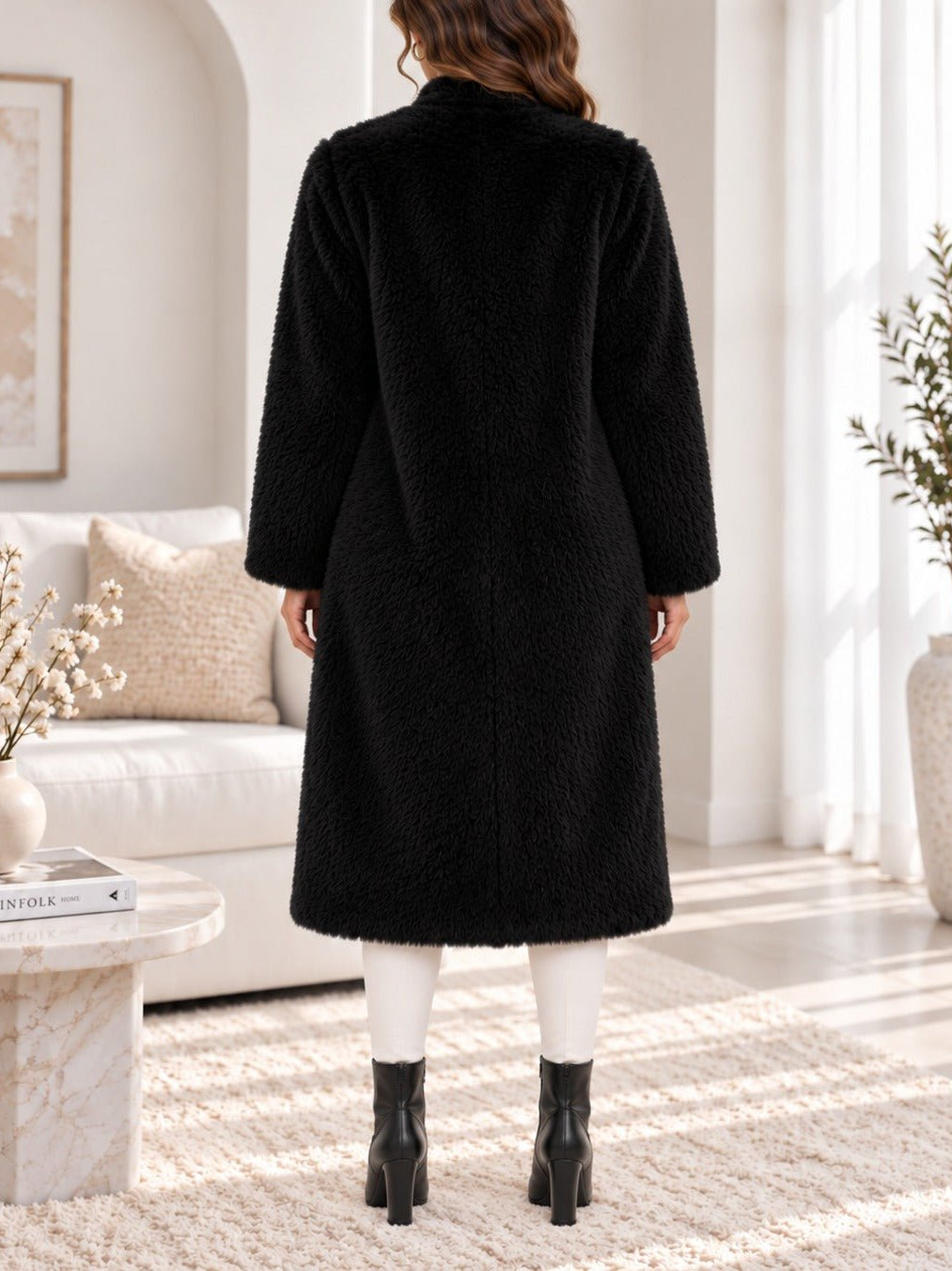 Ladies Black Open-Front Faux Fur Coat - StylePhase SA
