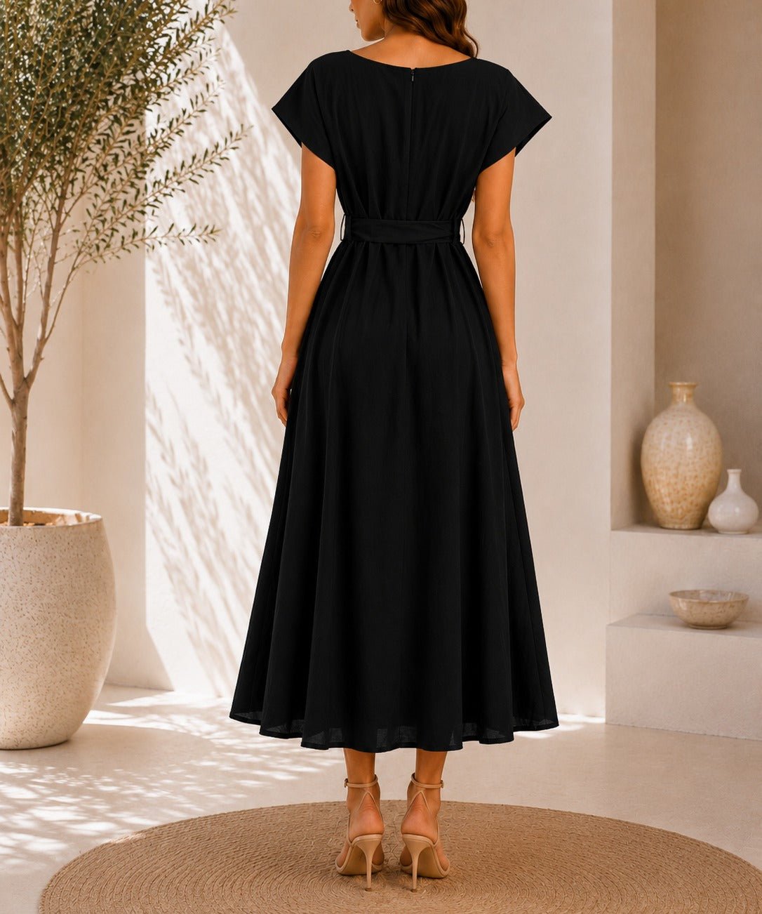 Ladies Black Pleated Buckled Waist Belt Dress - StylePhase SA
