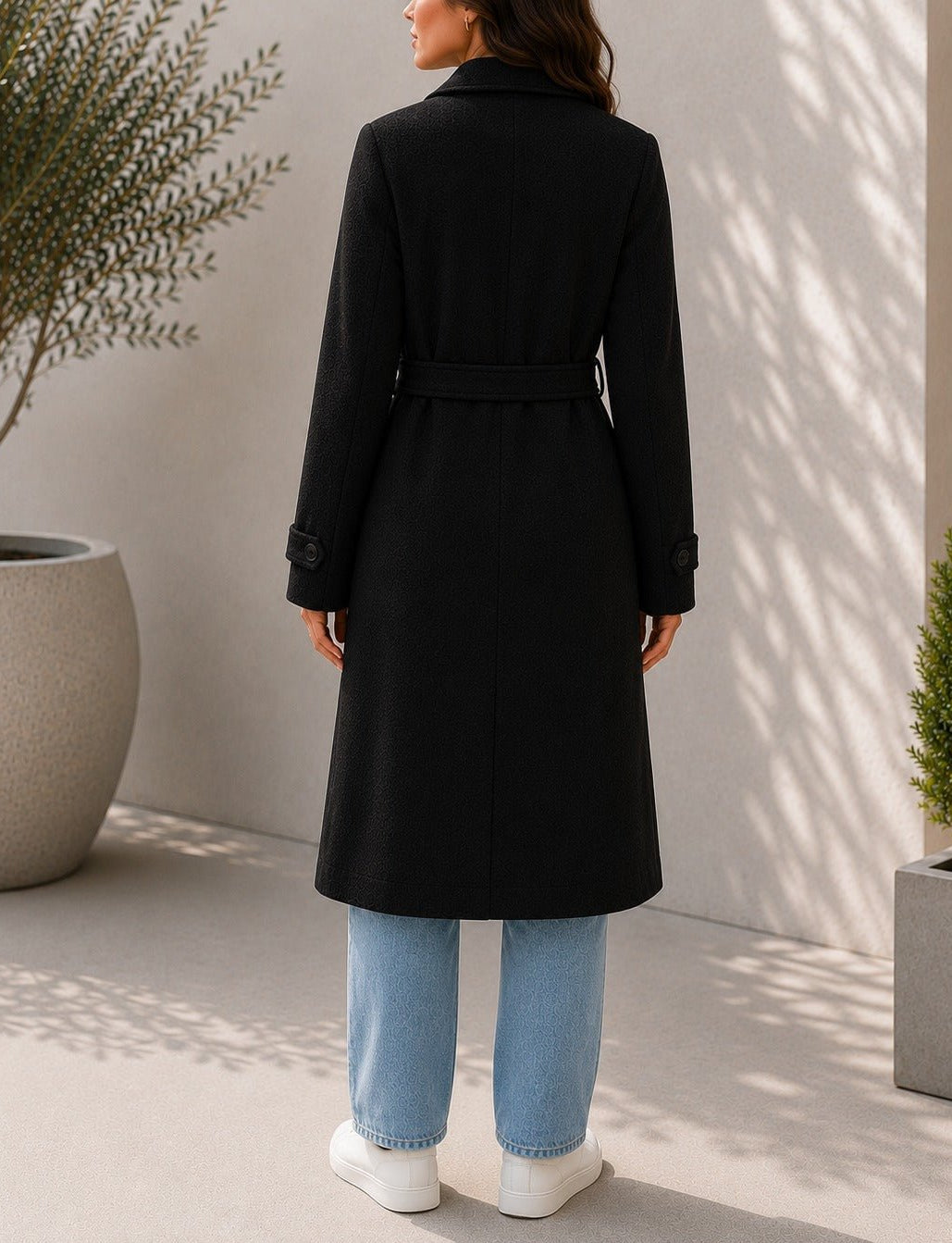 Ladies Black Pleated Button Detail Melton Coat - StylePhase SA