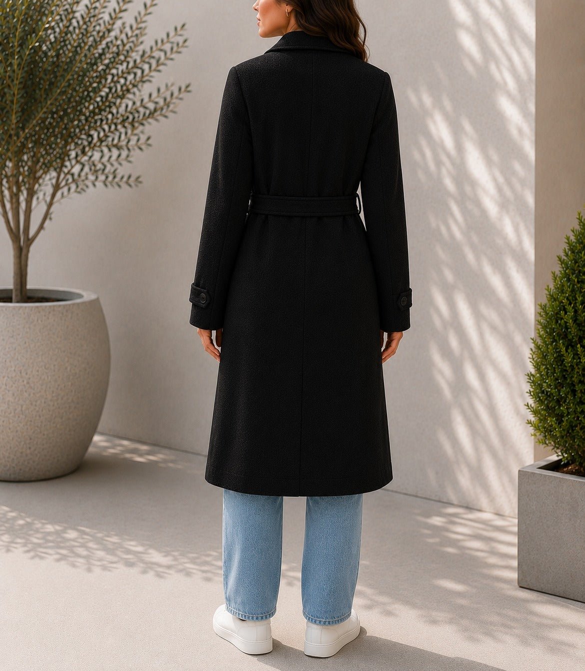 Ladies Black Pleated Button Detail Melton Coat - StylePhase SA