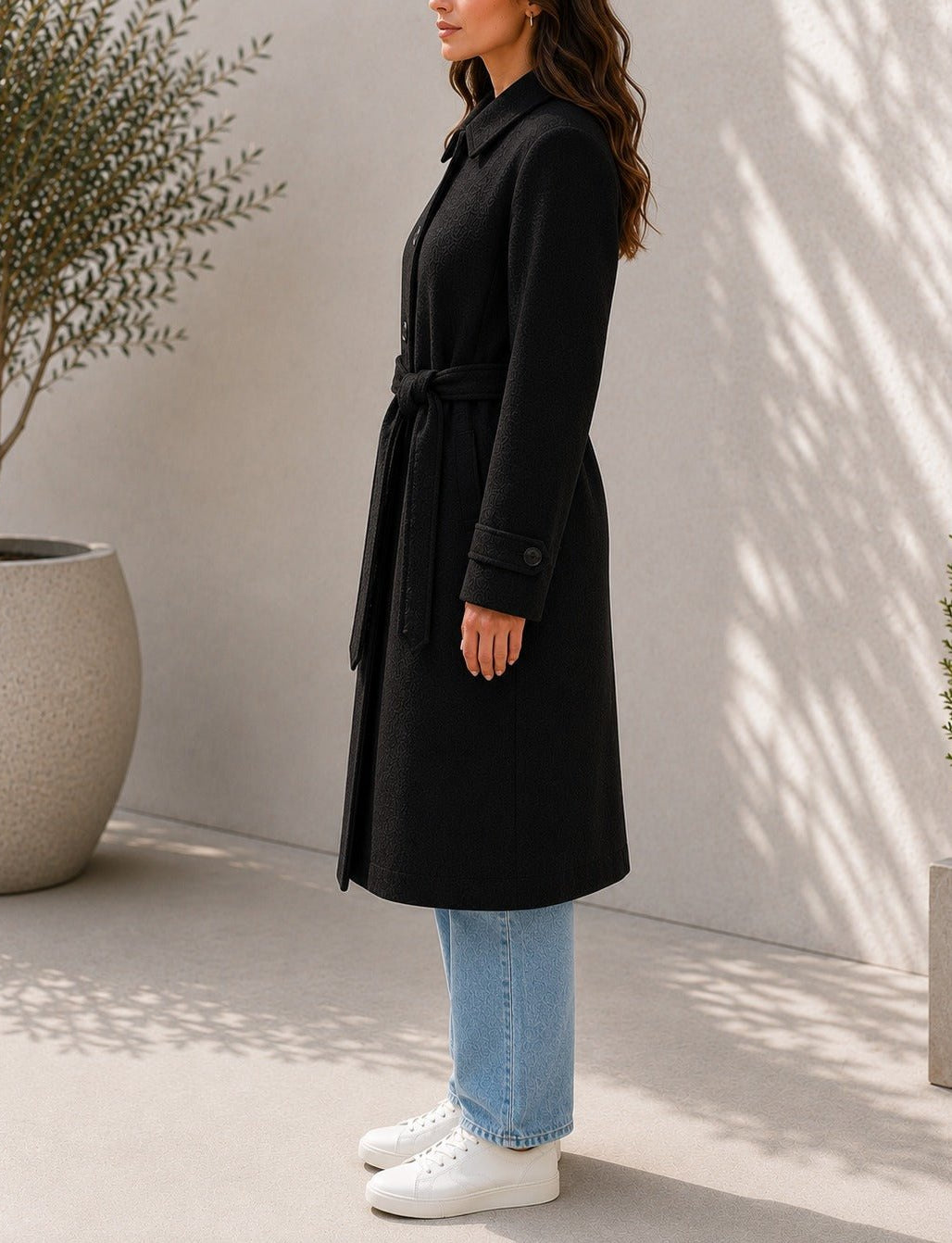 Ladies Black Pleated Button Detail Melton Coat - StylePhase SA