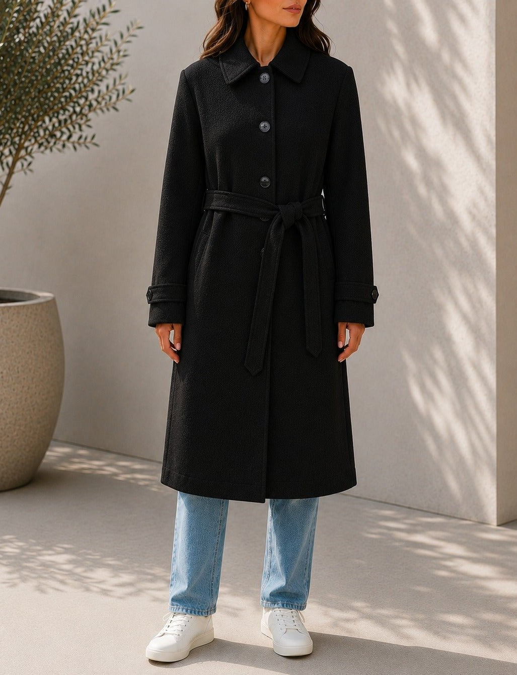 Ladies Black Pleated Button Detail Melton Coat - StylePhase SA