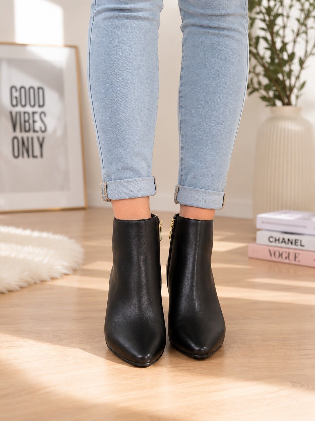 Ladies Black Pointed Toe Block Heel Ankle Boots - StylePhase SA