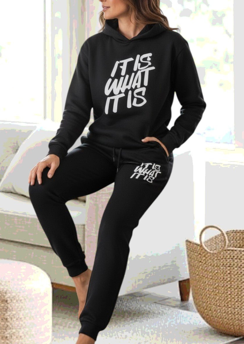 Ladies Black Printed Fleece Tracksuit - It Is What It Is - StylePhase SA