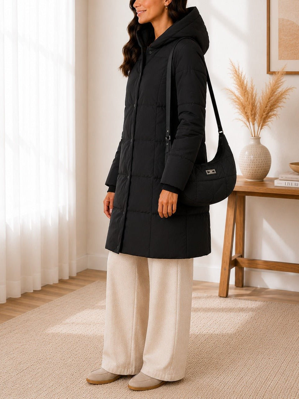 Ladies Black Puffer Jacket With Matching Bag - StylePhase SA