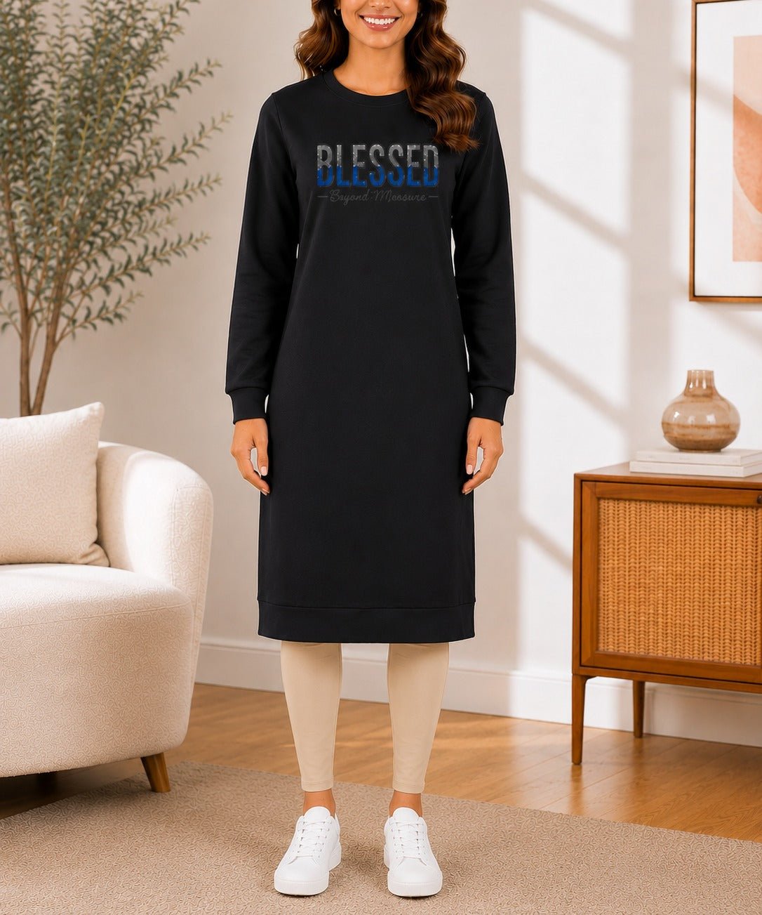 Ladies Black Rhinestone Long Length Sweatshirt Dress - StylePhase SA