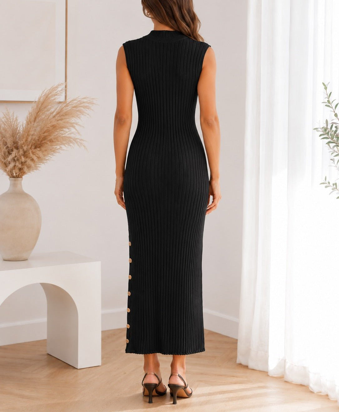 Ladies Black Ribbed Knit Side Slit Dress - StylePhase SA