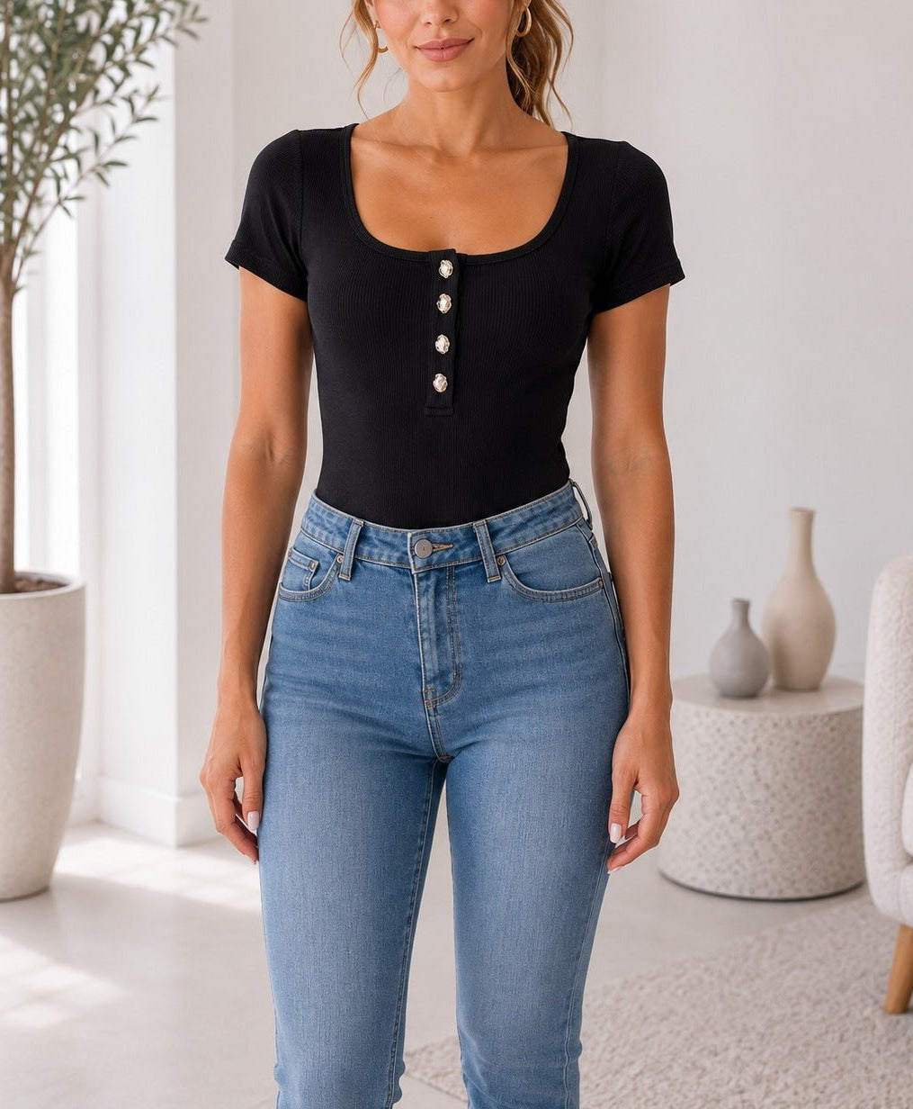 Ladies Black Ribbed Short Sleeve Bodysuit - StylePhase SA