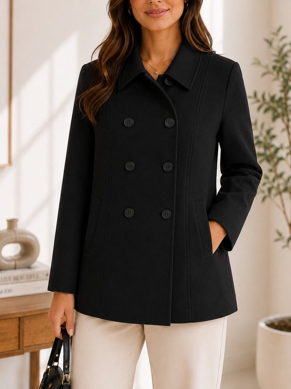 Ladies Black Short Melton Line Coat - StylePhase SA