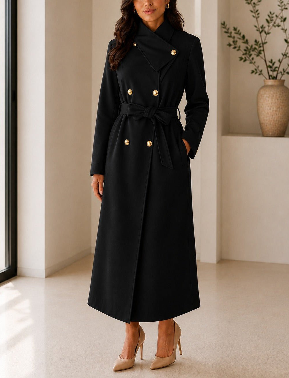 Ladies Black Side Collar Double Breasted Melton Coat - StylePhase SA