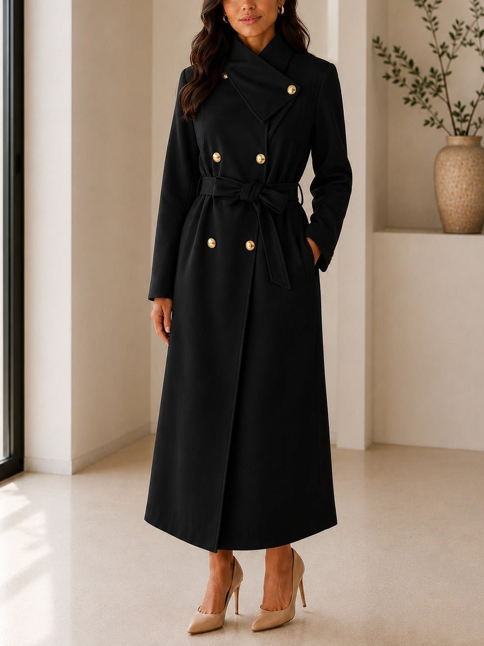 Ladies Black Side Collar Double Breasted Melton Coat - StylePhase SA