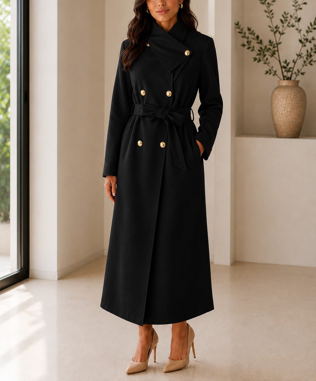 Ladies Black Side Collar Double Breasted Melton Coat - StylePhase SA