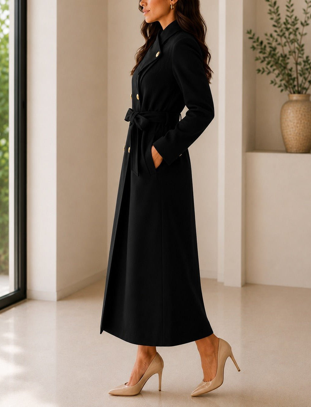 Ladies Black Side Collar Double Breasted Melton Coat - StylePhase SA