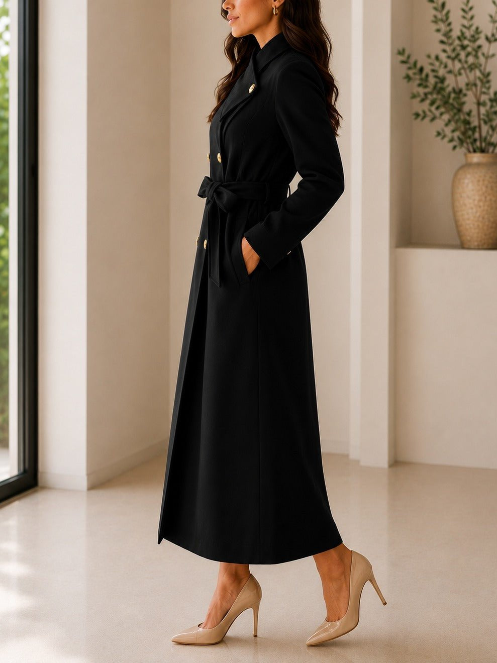 Ladies Black Side Collar Double Breasted Melton Coat - StylePhase SA