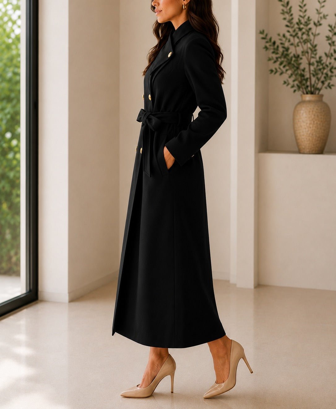 Ladies Black Side Collar Double Breasted Melton Coat - StylePhase SA