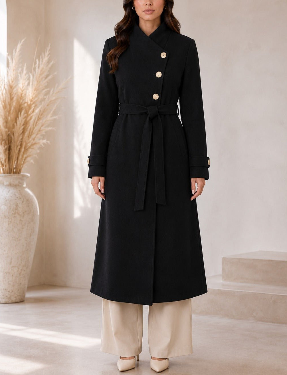 Ladies Black Side Collar Melton Coat - StylePhase SA