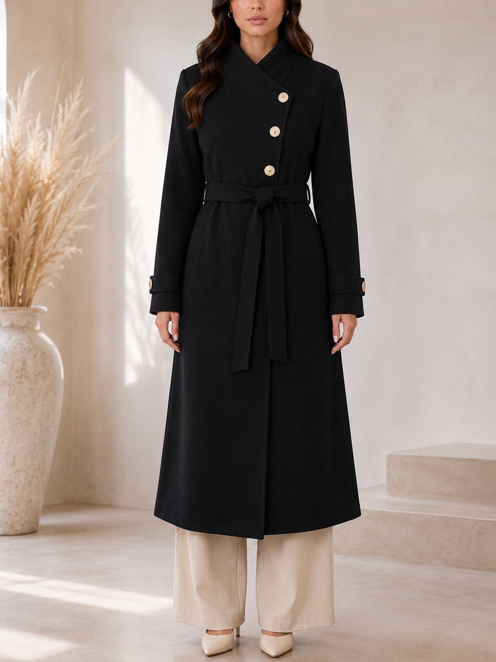 Ladies Black Side Collar Melton Coat - StylePhase SA