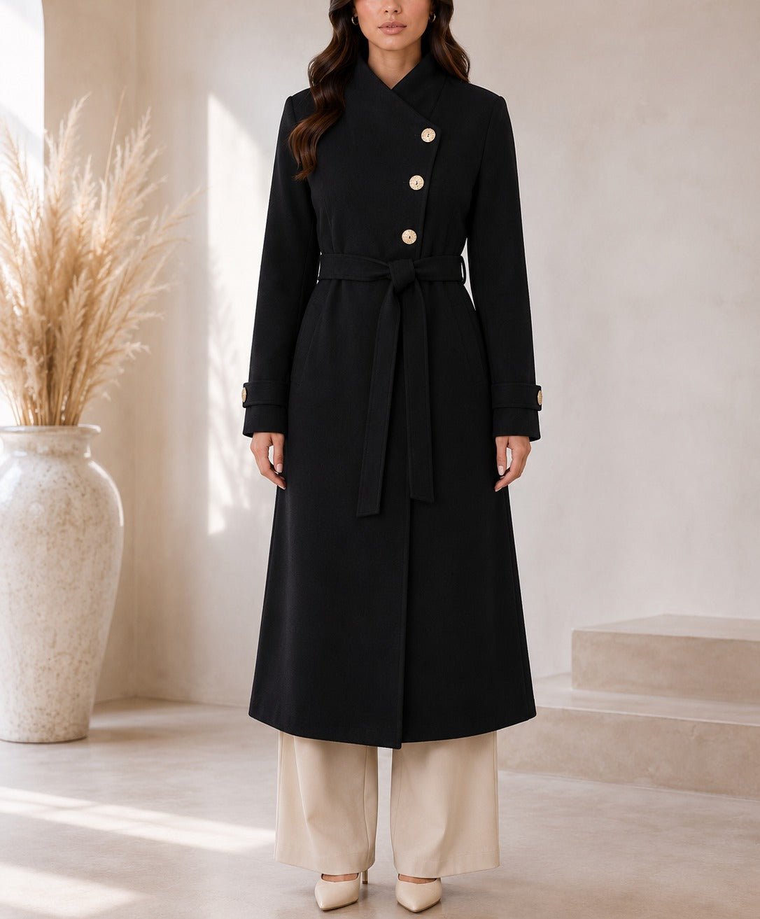 Ladies Black Side Collar Melton Coat - StylePhase SA