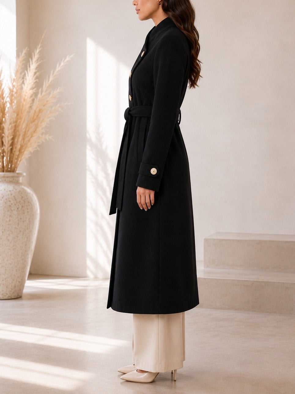 Ladies Black Side Collar Melton Coat - StylePhase SA