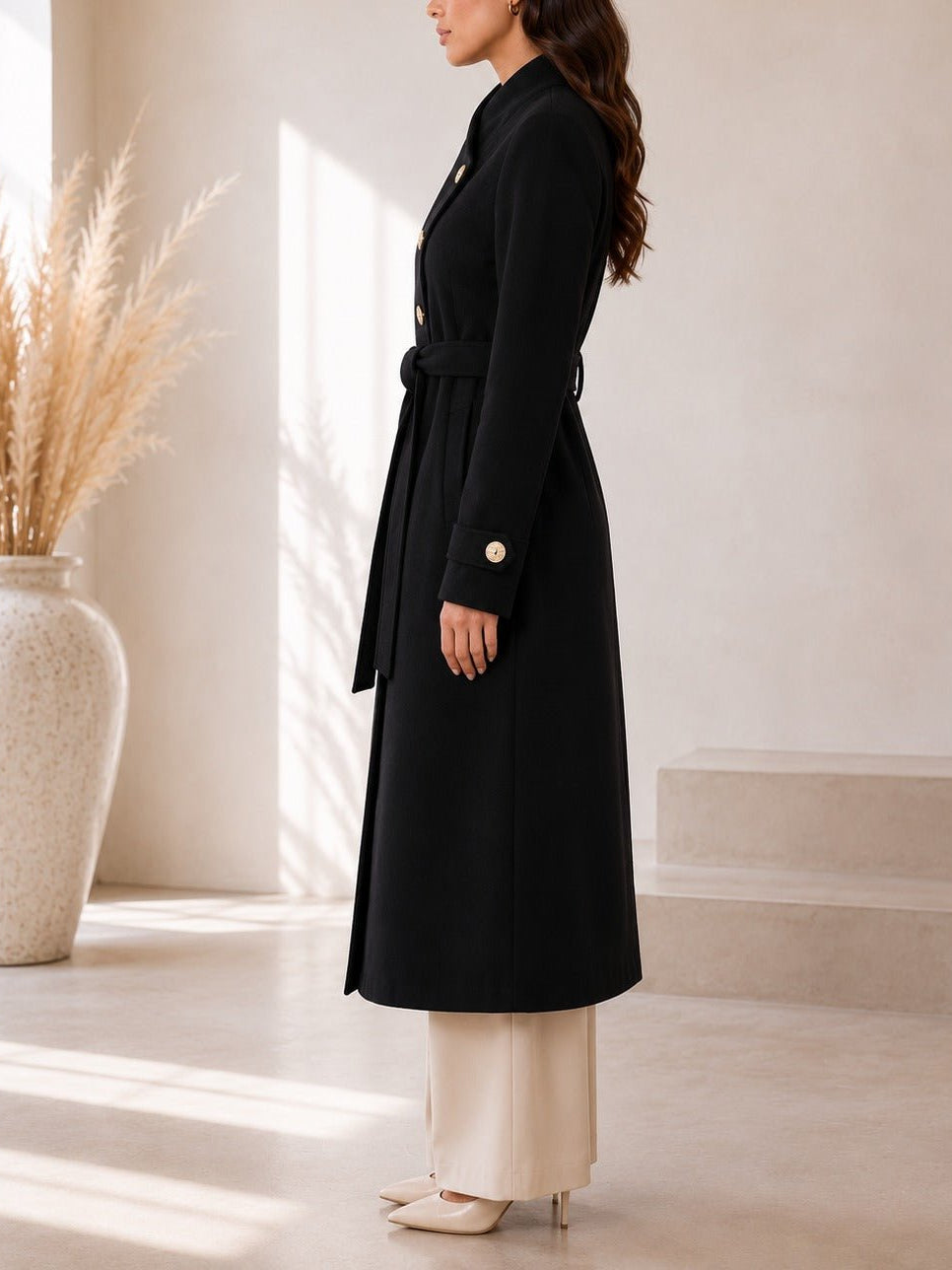 Ladies Black Side Collar Melton Coat - StylePhase SA