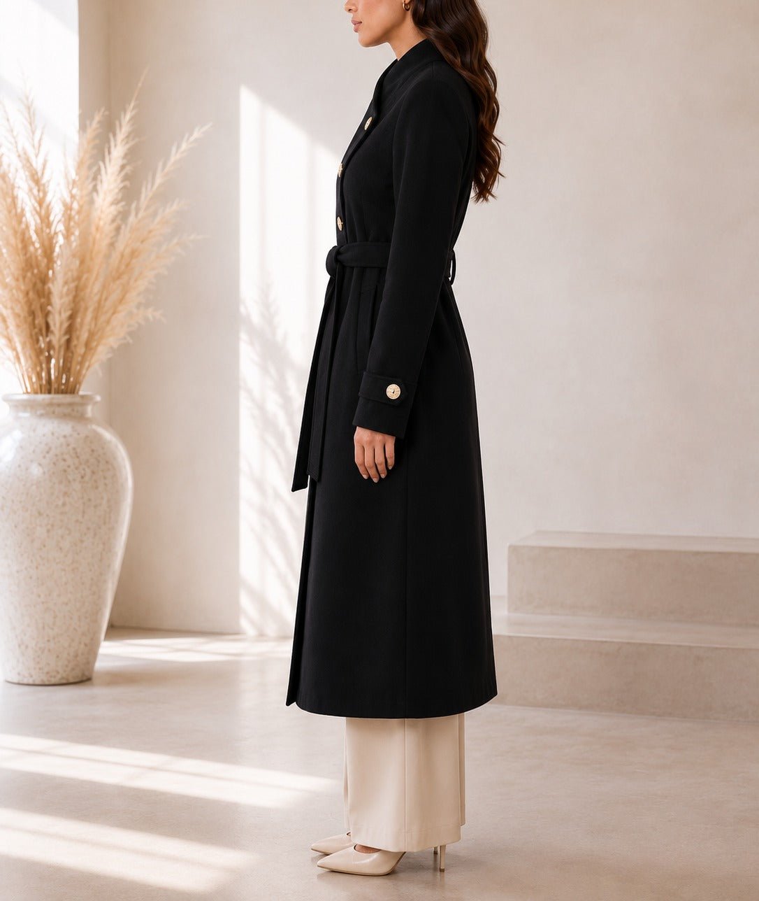 Ladies Black Side Collar Melton Coat - StylePhase SA