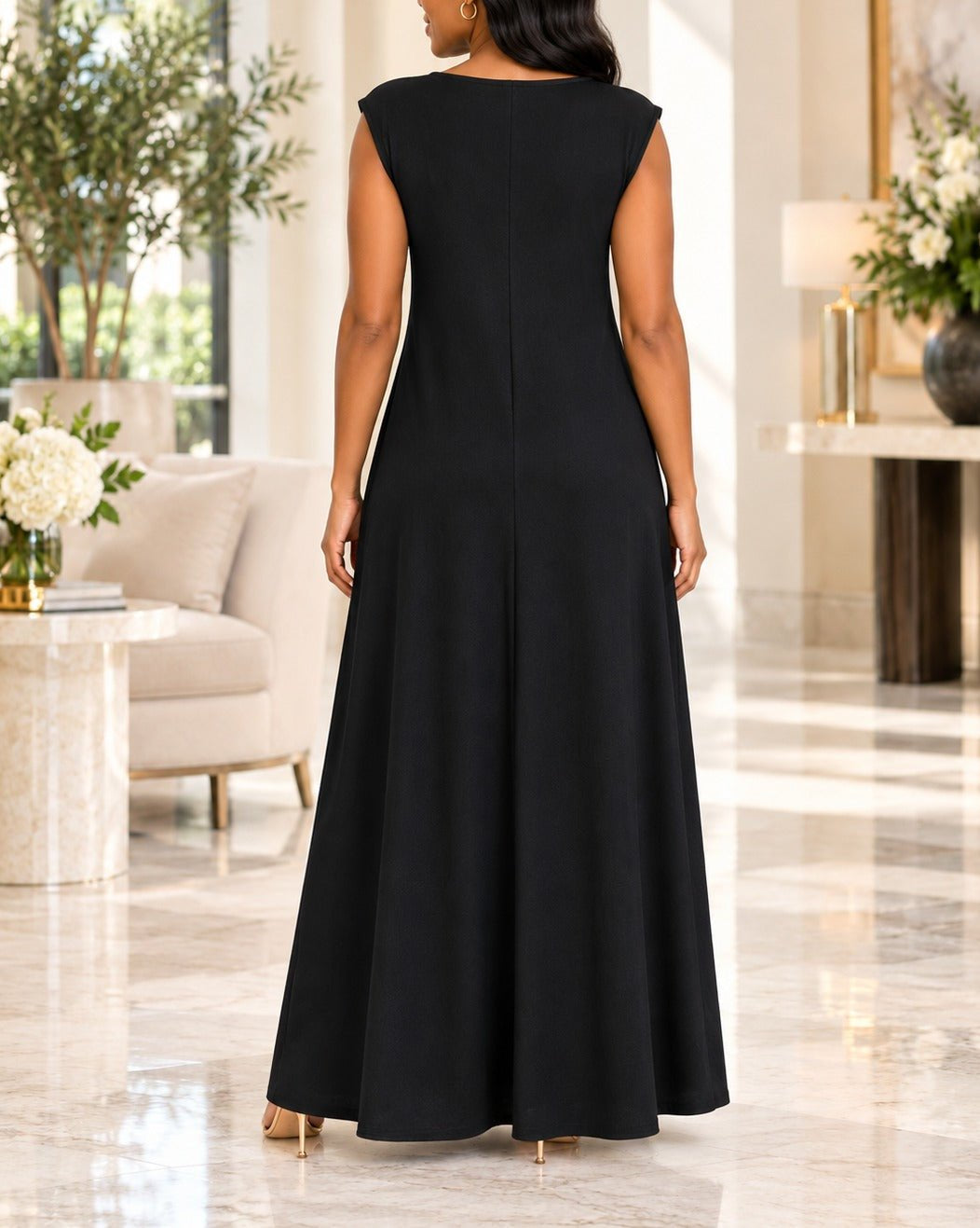 Ladies Black Sleeveless Sunburst Brooch Maxi Dress - StylePhase SA