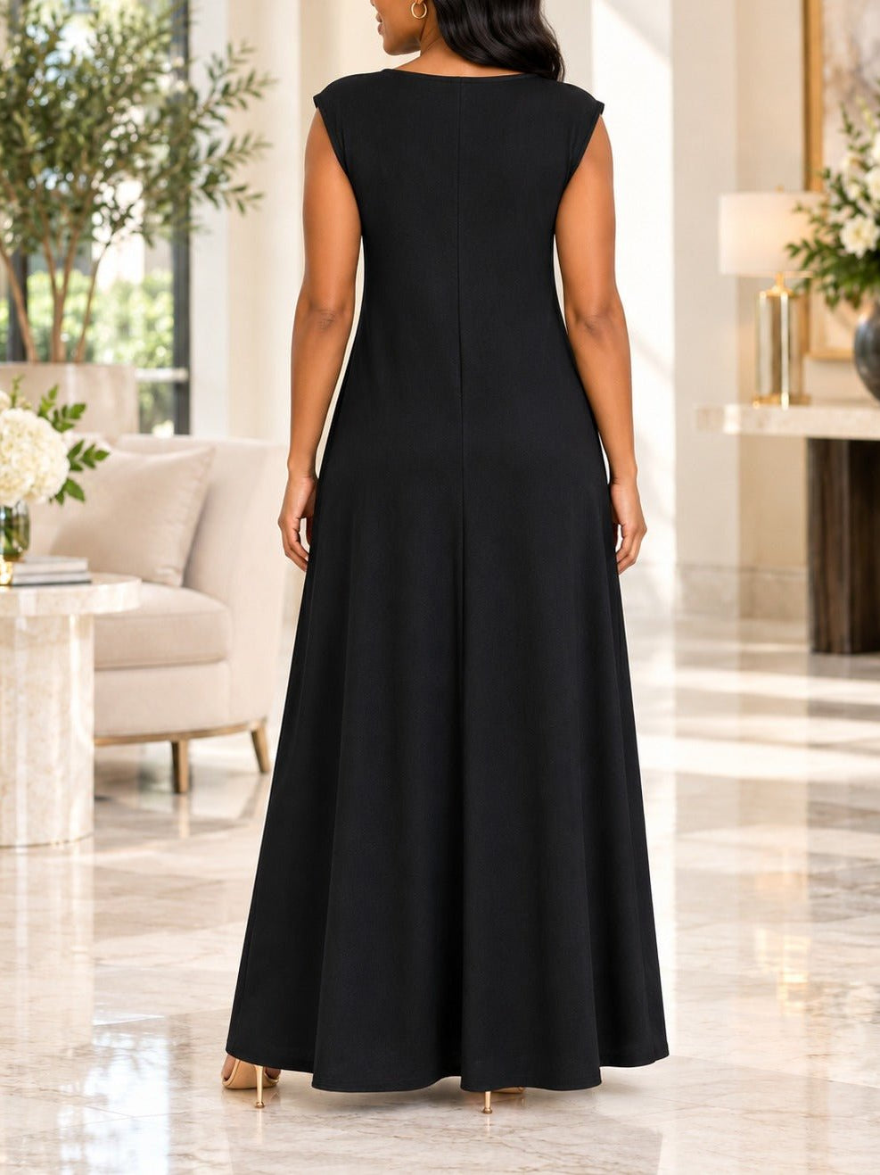 Ladies Black Sleeveless Sunburst Brooch Maxi Dress - StylePhase SA
