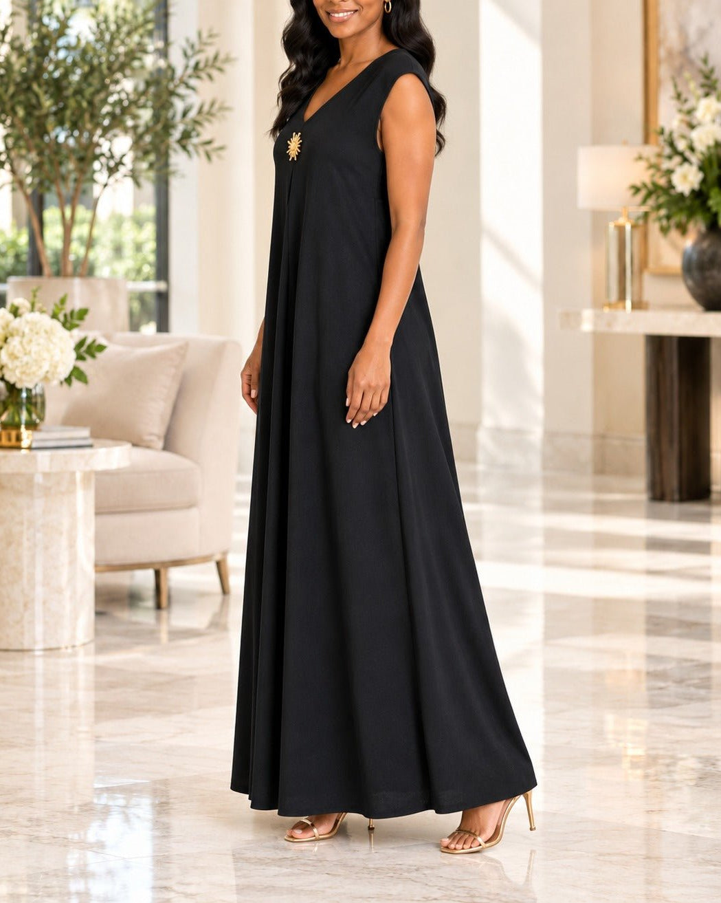 Ladies Black Sleeveless Sunburst Brooch Maxi Dress - StylePhase SA