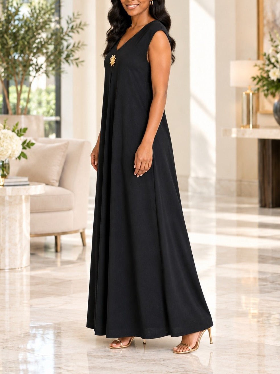 Ladies Black Sleeveless Sunburst Brooch Maxi Dress - StylePhase SA