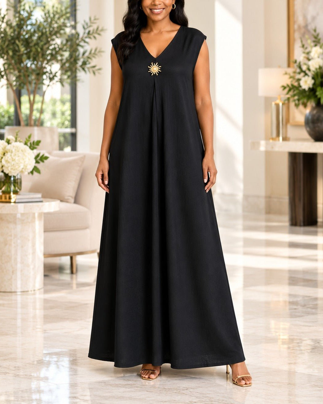 Ladies Black Sleeveless Sunburst Brooch Maxi Dress - StylePhase SA