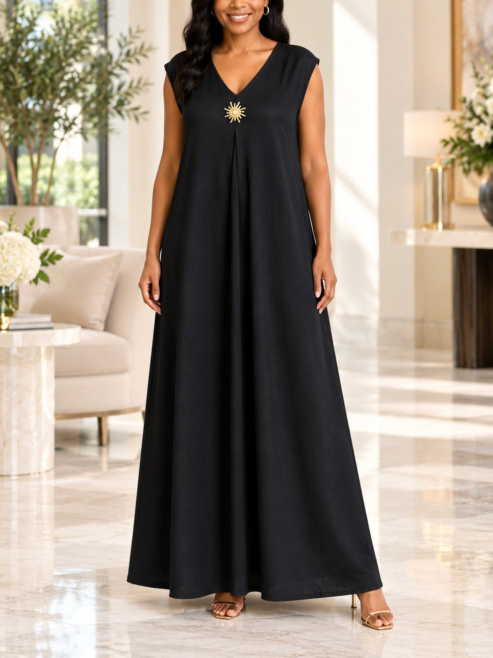 Ladies Black Sleeveless Sunburst Brooch Maxi Dress - StylePhase SA