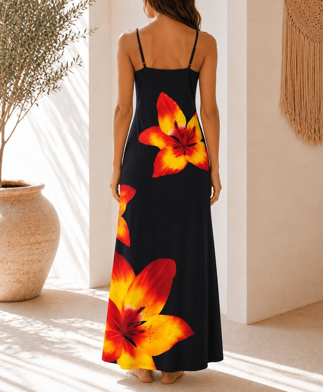 Ladies Black Tropical Lily Print Maxi Dress - StylePhase SA