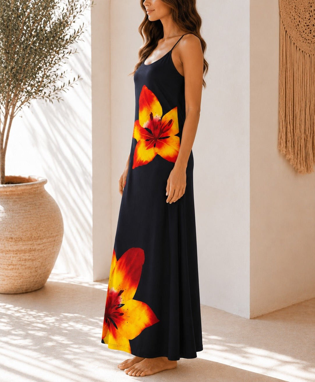 Ladies Black Tropical Lily Print Maxi Dress - StylePhase SA