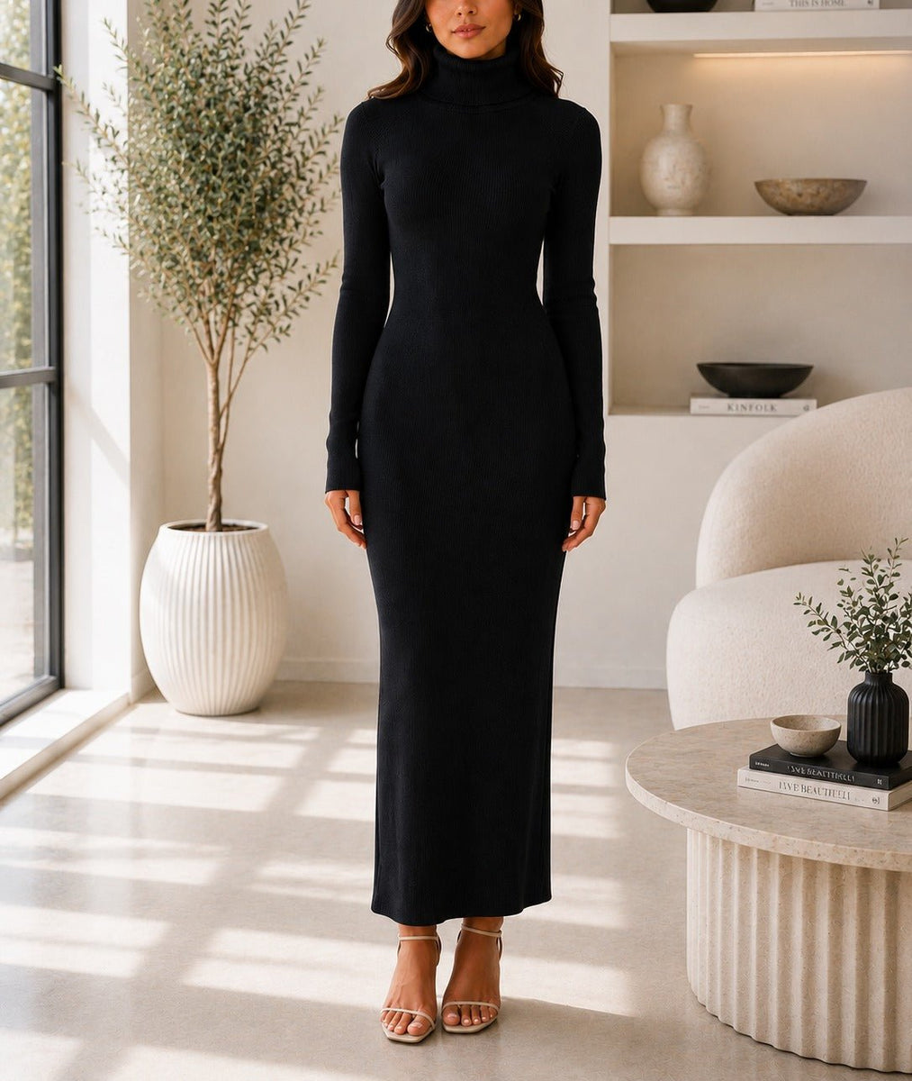 black turtleneck maxi dress Eterne Long Sleeve Also available in chocolate and moss Mugler: Black Draped Turtleneck Maxi