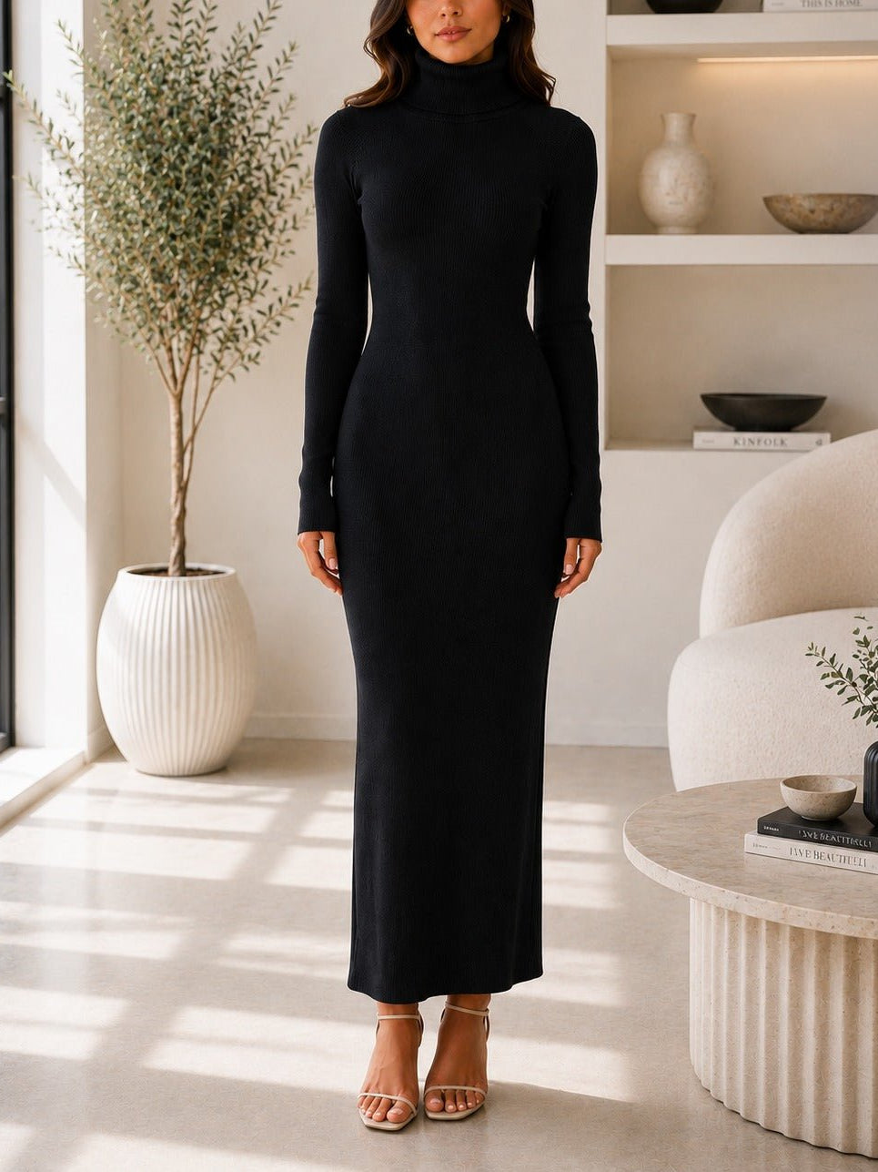 Ladies Black Turtleneck Maxi Dress - StylePhase SA