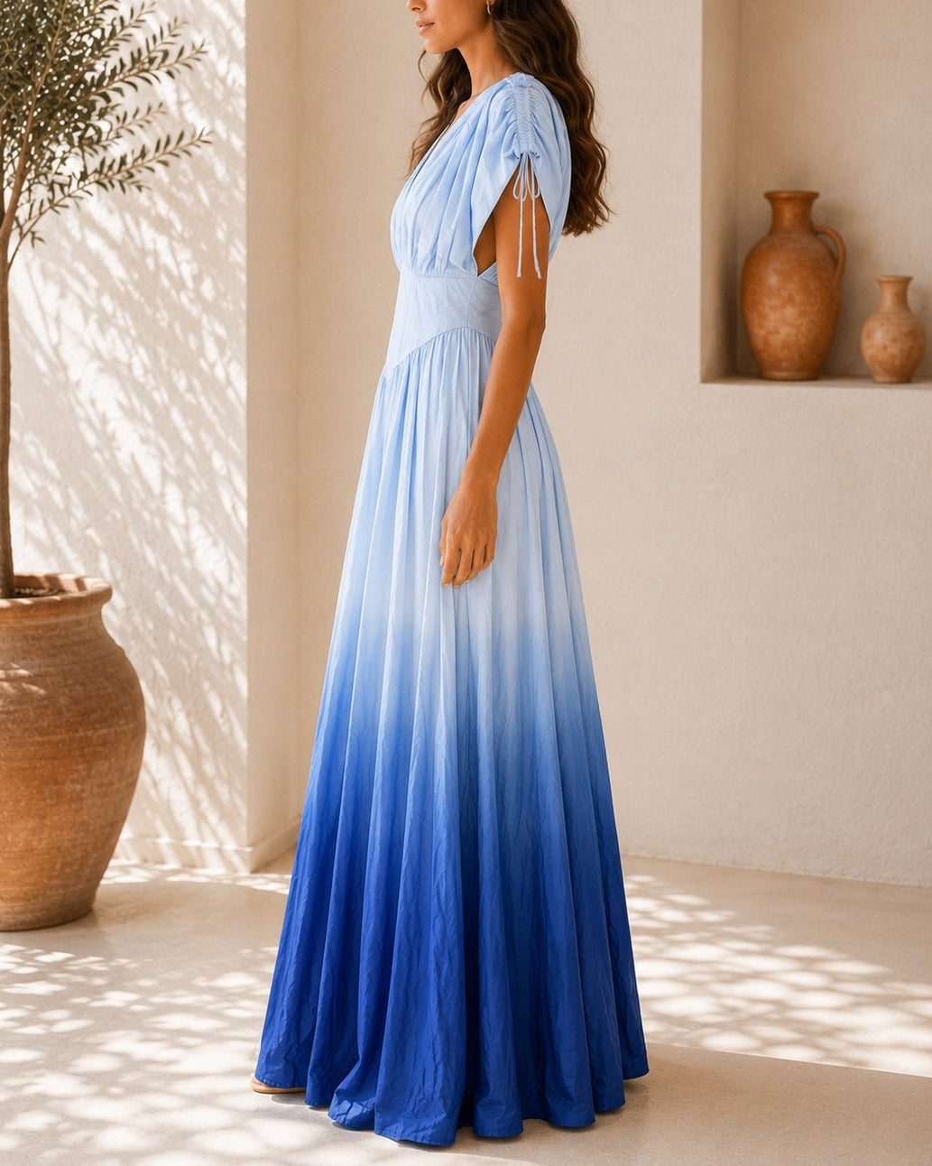 Ladies Blue Ombre Deep V-Neckline Tie Back Maxi Dress - StylePhase SA