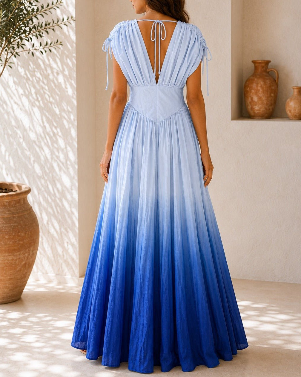 Ladies Blue Ombre Deep V-Neckline Tie Back Maxi Dress - StylePhase SA