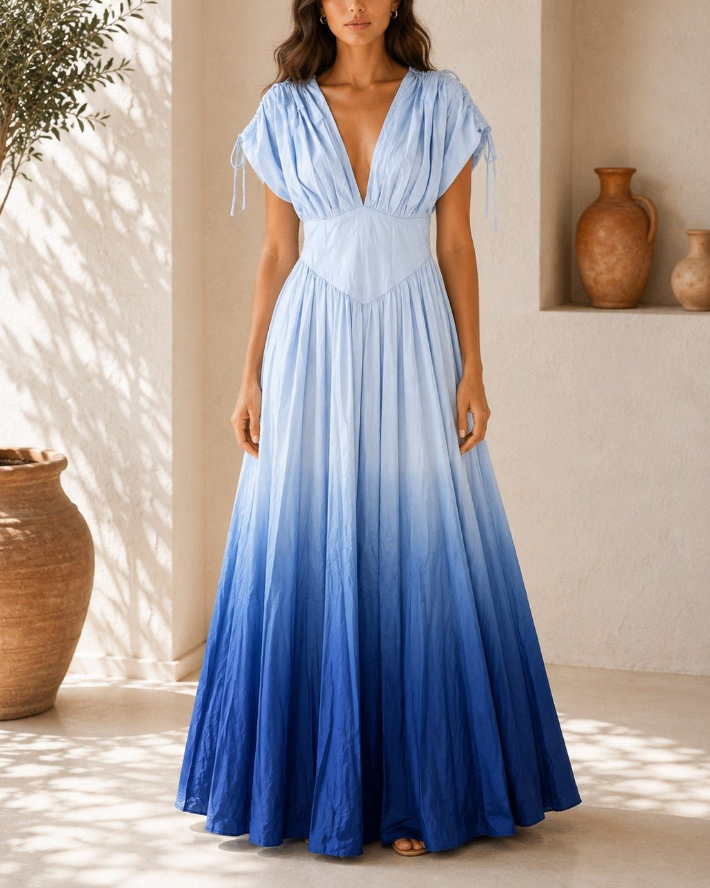 Ladies Blue Ombre Deep V-Neckline Tie Back Maxi Dress - StylePhase SA