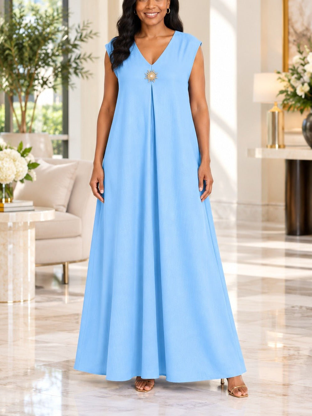 Ladies Blue Sleeveless Sunburst Brooch Maxi Dress - StylePhase SA