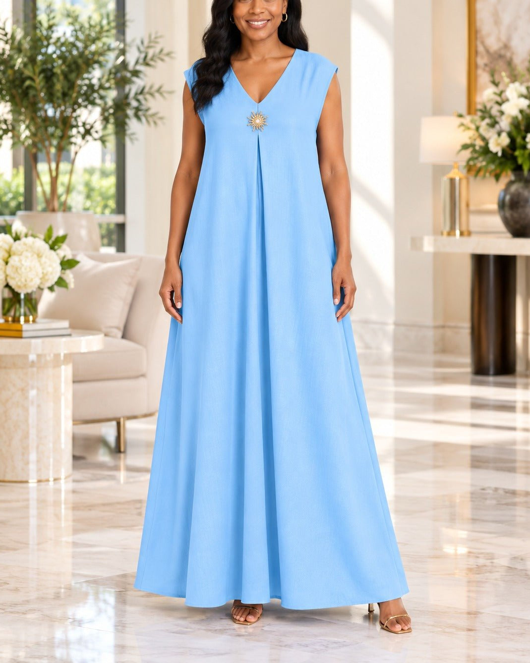 Ladies Blue Sleeveless Sunburst Brooch Maxi Dress - StylePhase SA