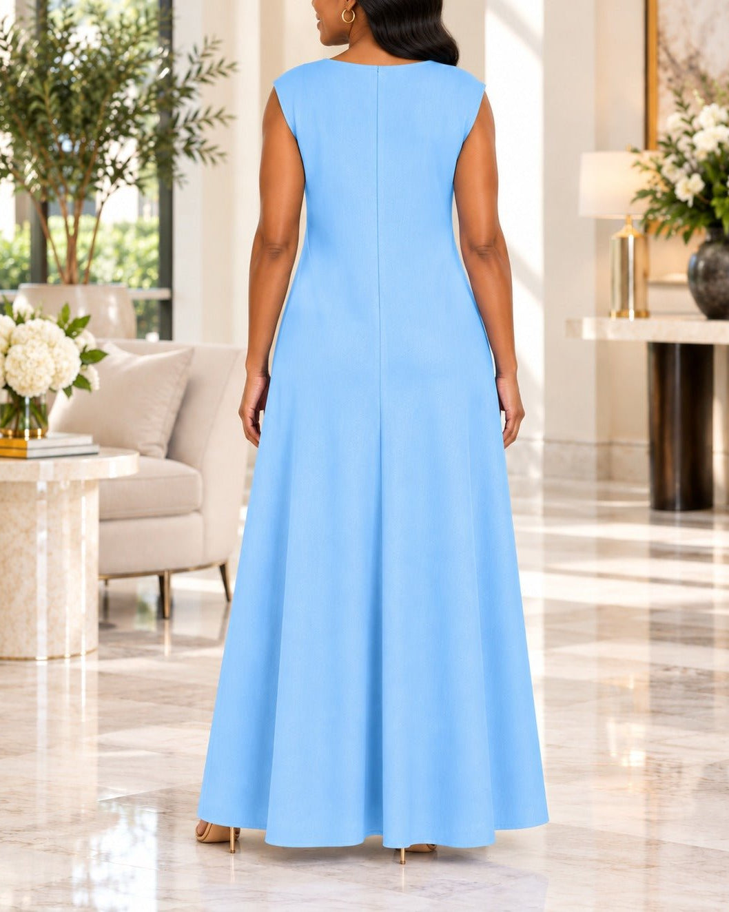 Ladies Blue Sleeveless Sunburst Brooch Maxi Dress - StylePhase SA
