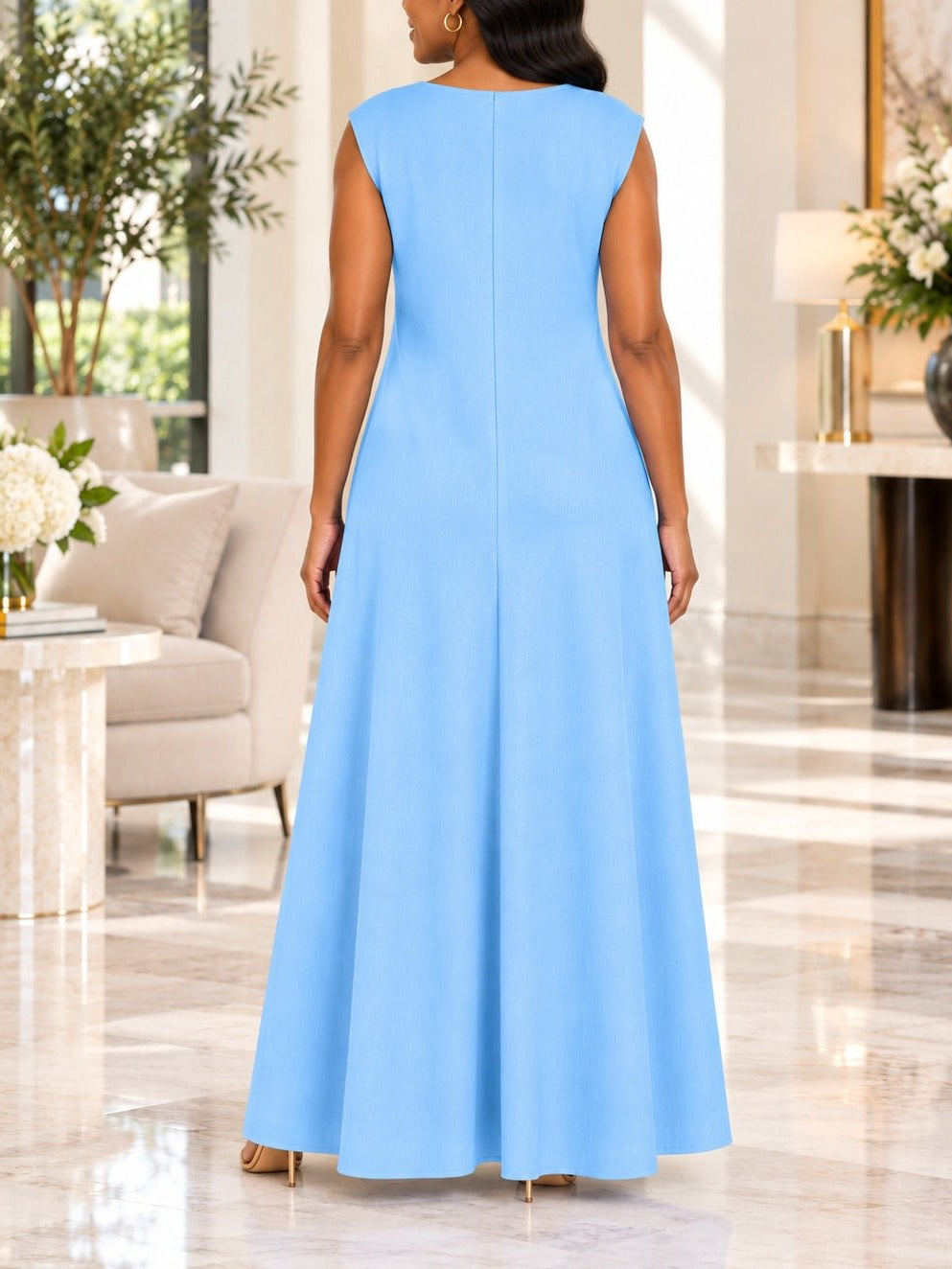 Ladies Blue Sleeveless Sunburst Brooch Maxi Dress - StylePhase SA