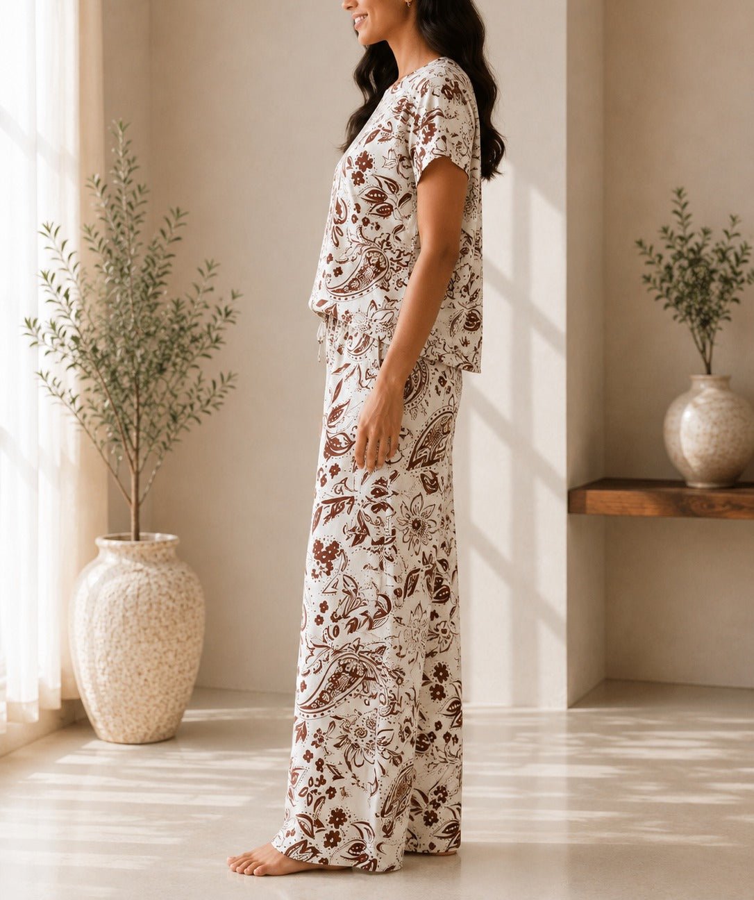 Ladies Brown And Cream Paisley Print Two-Piece Set - StylePhase SA