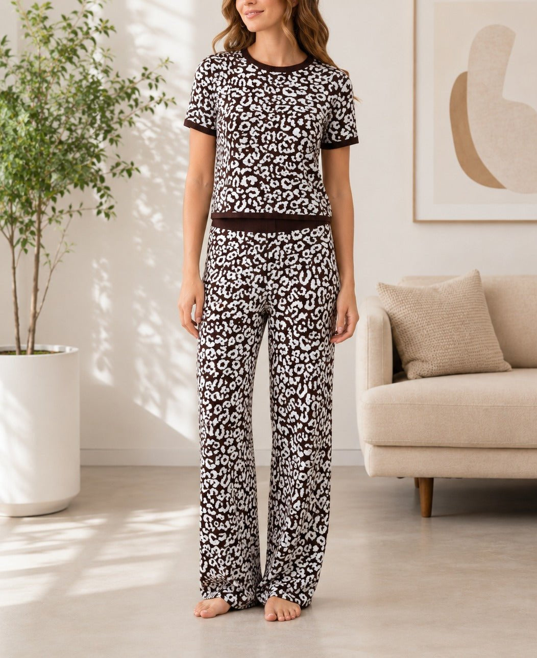 Ladies Brown And White Leopard Print Knitwear Jersey Set - StylePhase SA