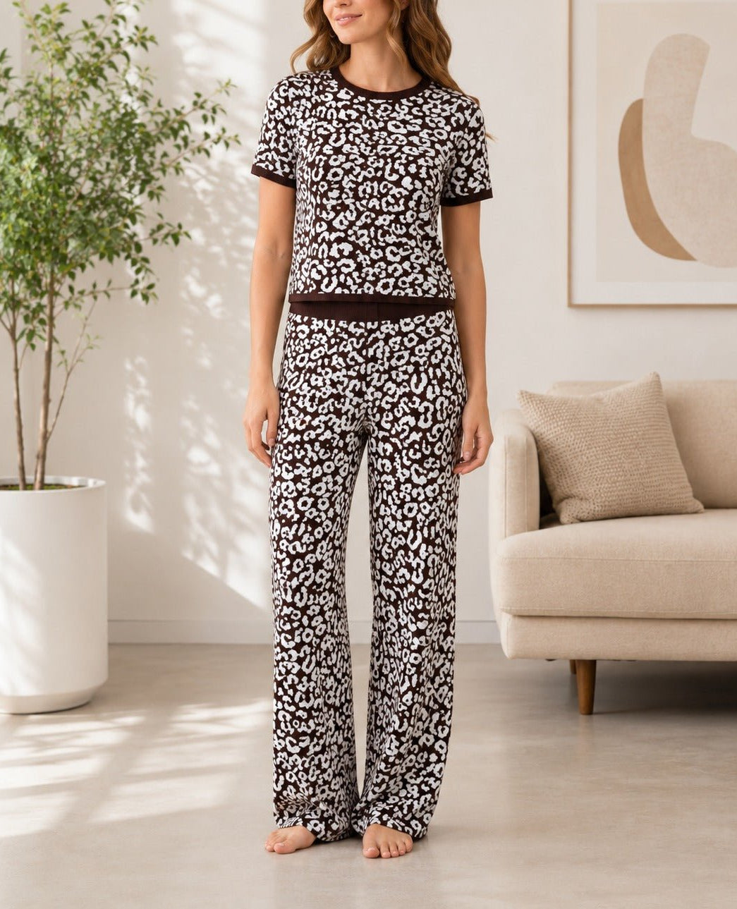 Ladies Brown And White Leopard Print Knitwear Jersey Set - StylePhase SA