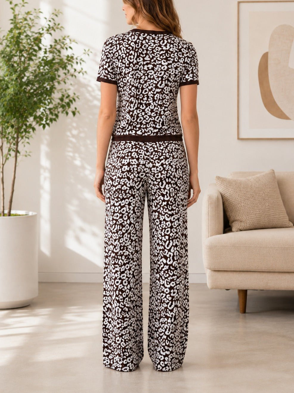 Ladies Brown And White Leopard Print Knitwear Jersey Set - StylePhase SA